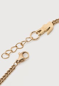 Κλείσιμο με αλυσίδα από χρυσό κολιέ με επέκταση αλυσίδας που καταλήγει σε γάντζο σχήματος κροκόδειλου σε λευκό φόντο.