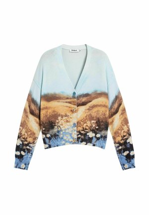 Cardigan cu nasturi cu imprimeu de peisaj în tonuri de albastru, maro și bej, prevăzut cu decolteu în V și manșete și tiv riburate.