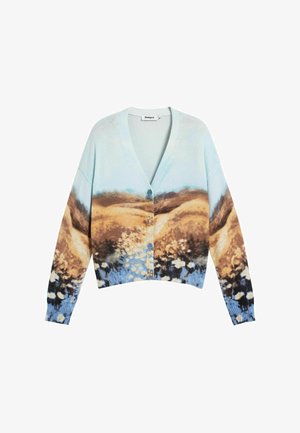 Cardigan cu nasturi cu imprimeu de peisaj în tonuri de albastru, maro și bej, prevăzut cu decolteu în V și manșete și tiv riburate.