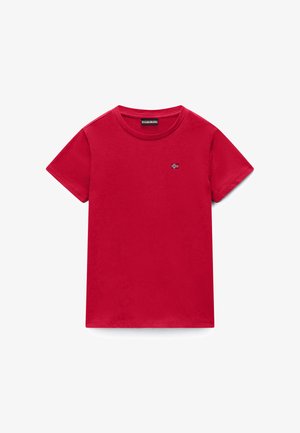 Red short-sleeve T-shirt with crew neck and small embroidered flag emblem on left chest.