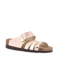 Sandali slide rosa e metallici con due fasce. Suola in sughero e gomma nera. Presenta una fibbia su una fascia per una vestibilità regolabile.