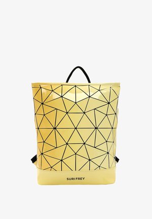 Yellow geometric-patterned backpack with a glossy finish, featuring black triangular accents and a top handle. Brand logo at the bottom.