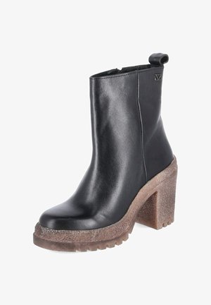 Black leather ankle boot with thick textured brown block heel and pull tab at the back, featuring a small metallic logo on the upper side.