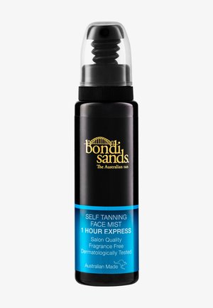Zwarte fles Bondi Sands self-tanning gezichtsmist met doorzichtige dop, gelabeld "1 Hour Express", geurvrij en dermatologisch getest.