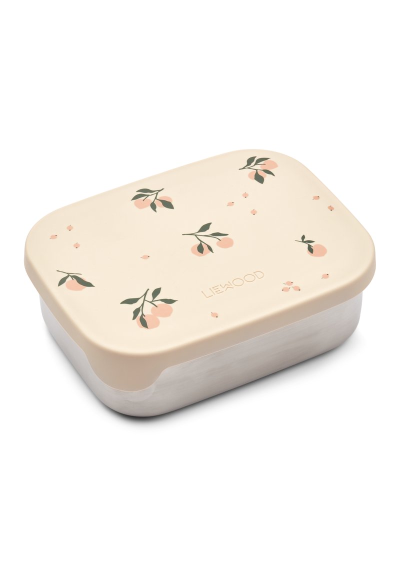 Scatola bento rettangolare con un coperchio color pesca decorato con foglie verdi e motivi di pesche, e una base in alluminio argentato.