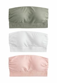 Driemaal strapless bandeau tops in olijf groen, wit en lichtroze, met geplooid stof en ribbelige elastische banden met "NEXT" merk. 