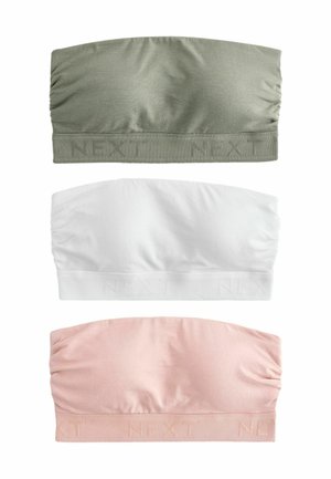 Drei trägerlose Bandeau-Tops in Olivgrün, Weiß und Hellrosa, mit gerafftem Stoff und gerippten elastischen Bändern mit "NEXT"-Markenlogo.