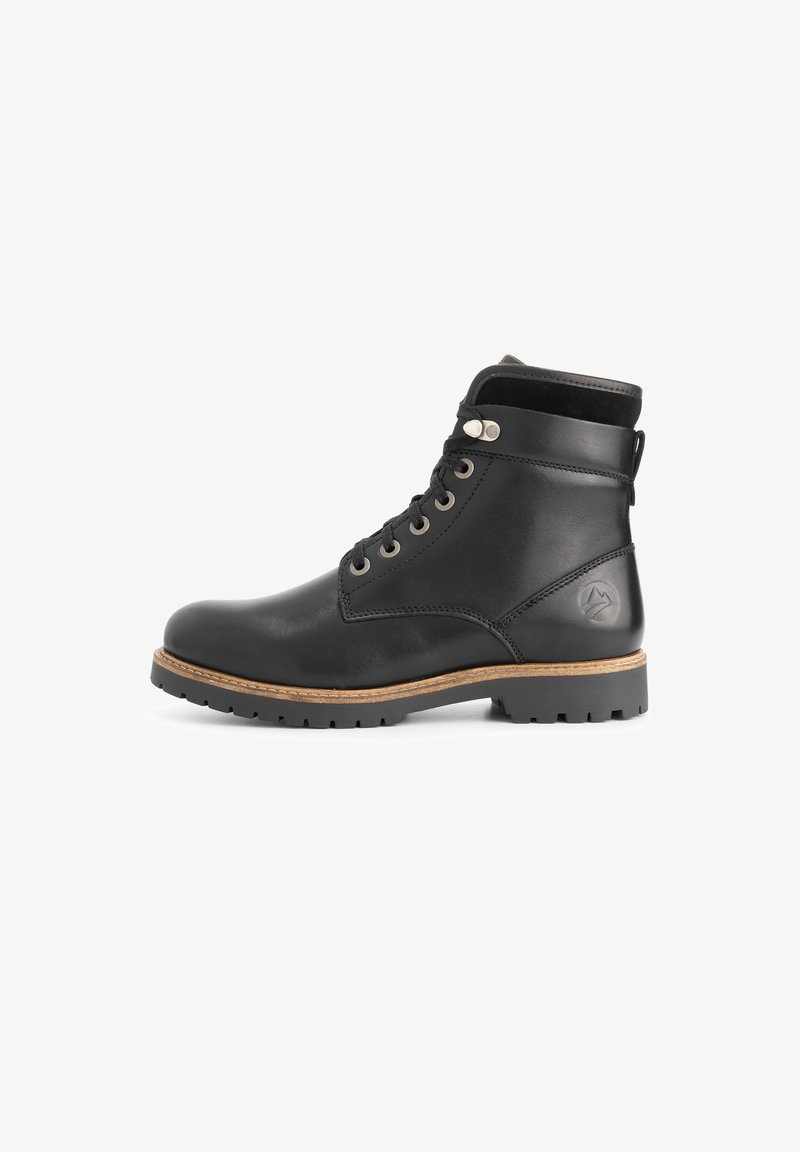 Bottines en cuir noir avec un laçage sur le devant, un col rembourré, une semelle robuste et un petit logo en relief près du talon.