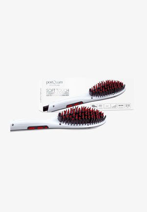 Brosse lissante pour cheveux noir et blanc avec des poils à bouts rouges et des boutons de contrôle, présentée avec son emballage rectangulaire.