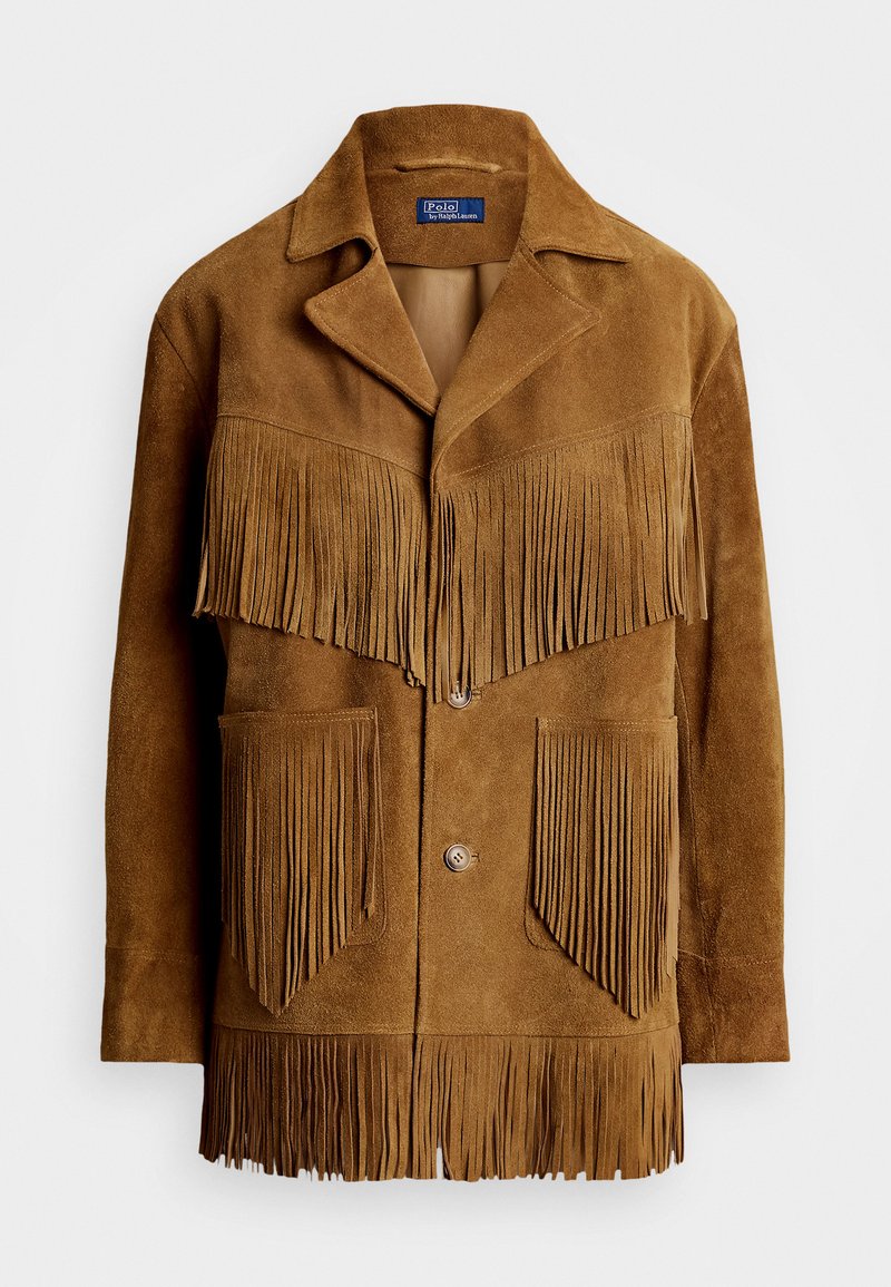 Brown suede jacket featuring prominent fringe details on the chest and pockets, with a notched collar and two-button closure.