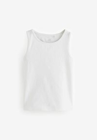 Hvid ærmeløs tanktop lavet af blødt stof, med en rund halsudskæring og et enkelt design uden yderligere mønstre eller dekorationer.