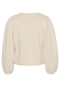 Pulover scurt de culoare bej deschis, cu un tricot texturat, având mâneci lungi voluminioase și un decolteu rotund la spate.