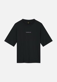 Zwart katoenen T-shirt met ronde hals, korte mouwen en een klein wit "TOMORROWLAND" logo gecentreerd op de borst.