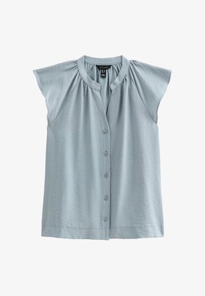 Lichtblauwe blouse met korte mouwen, met knopen aan de voorkant, V-hals en geplooid schouderdesign. Gemaakt van een zachte, gladde stof met een relaxte pasvorm.