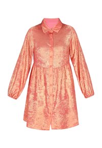 Rosa och guld, långärmad skjortklänning med knäppning fram, krage och textilstruktur. Har en utsvängd silhuett och elastiska ärmslut.