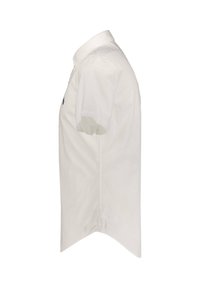 Biała koszula z krótkim rękawem i kołnierzykiem, o prostym kroju i małym logo na piersi. Gładka bawełniana tkanina.