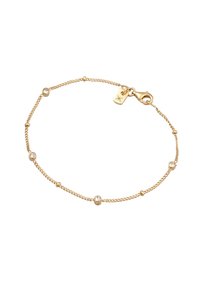 Guld kedja armband med rundade pärlor och små klara kristaller som växlar i ett enkelt mönster. Säker lungklämma stängning.