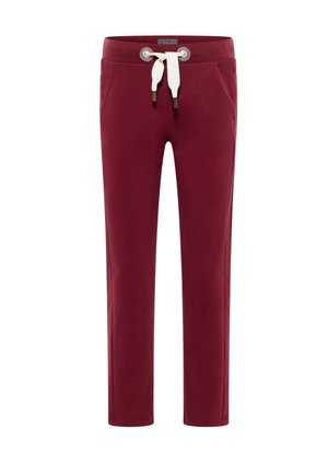 Burgundy sweatpants with a drawstring waist, front pockets, and a smooth texture. Features contrasting white drawstring and metal accents.