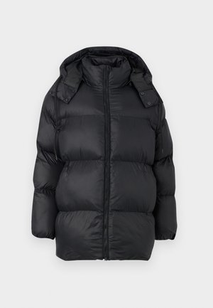 Black padded winter jacket with hood, front zipper, and drawstrings, designed for warmth and weather protection.