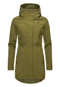 Grön mjukskaljacka med quiltad huva, tryckknappar, två sidofickor och längre bakdesign. Slät textur, skräddarsydd passform.