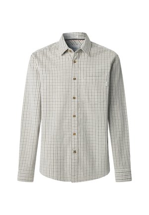 Férfi hosszú ujjú ing szürke és fehér kockás mintával, könnyű anyagból készült, gombos elülső résszel és mellzsebbel.