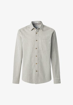 Męska koszula z długim rękawem w szaro-białą kratę, wykonana z lekkiej tkaniny, z zapięciem na guziki z przodu i kieszenią na piersi.