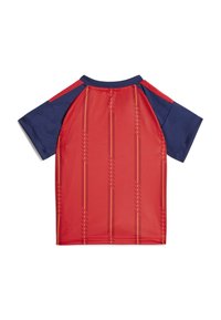 Sarkans sporta krekls ar vieglu vertikālu svītru rakstu, tumši zilas raglan piedurknes un tumši zila apaļa kakla izgriezums, redzams no aizmugures.