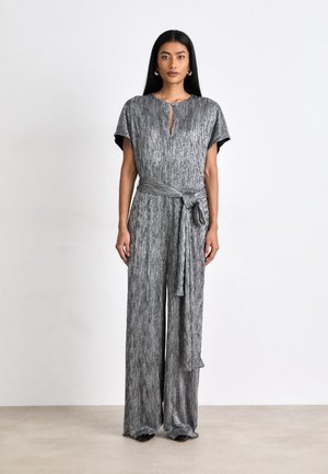 Gray, textured jumpsuit with short sleeves, round neckline and waist tie. Features a subtle striped pattern and wide, flowing pants.