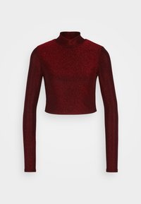 Burgunderfarbener Langarmoberteil mit Stehkragen, aus einem metallisch strukturierten Material gefertigt, mit einem cropped Design und schimmerndem Finish.