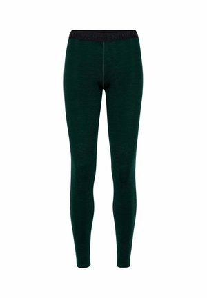 Dark green leggings made from a soft fabric, featuring a black waistband with branding, designed for a snug fit, with a smooth texture.