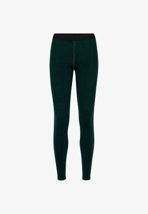 Dark green leggings made from a soft fabric, featuring a black waistband with branding, designed for a snug fit, with a smooth texture.