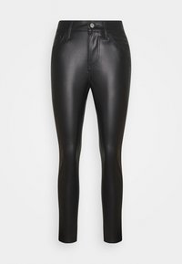 Pantaloni in finta pelle nera con vestibilità slim, dotati di una vita classica, tasche frontali e una texture liscia e lucida.