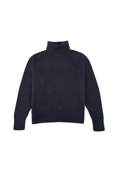 Maglione a collo alto navy, realizzato in tessuto lavorato a maglia, presenta una vestibilità ampia, maniche lunghe e orlo e polsini a costine.