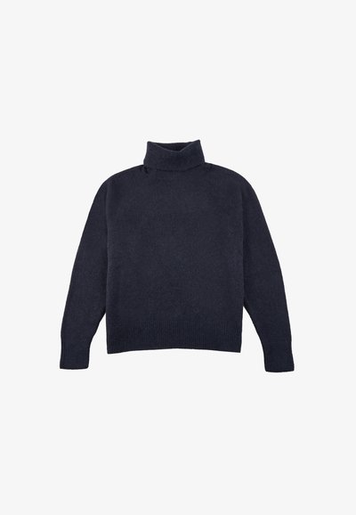 Maglione a collo alto navy, realizzato in tessuto lavorato a maglia, presenta una vestibilità ampia, maniche lunghe e orlo e polsini a costine.