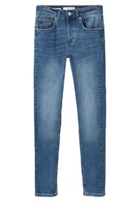 Jean slim bleu avec poches avant et arrière, fermeture par boutons, passants pour ceinture et légère décoloration aux cuisses et aux genoux.