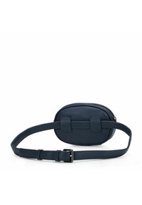 Borsa a tracolla ovale di colore blu navy realizzata in materiale sintetico liscio, con due cinturini e chiusura con zip. Inclusa tracolla regolabile.