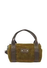 Petit sac en velours côtelé vert olive avec des poignées en tissu marron, une quincaillerie en argent et une étiquette de marque avec des lettres dorées.