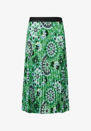 Plissérok van groene stof met ingewikkelde bloem- en geometrische patronen in zwart en lichtblauw. Elastische zwarte tailleband bovenaan.