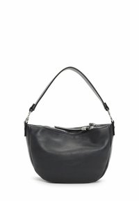 Mustast nahast õlakott hõbedase tõmblukuga ja lühikese rihmaga, kuvamisel valgel taustal.