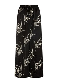 Schwarzer Maxirock mit Blumenmuster und Kordelzug in der Taille, mit weißen und dezenten Blumenmustern sowie einer weichen, fließenden Textur.