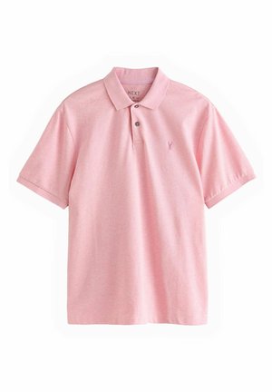 Rosa Poloshirt aus weichem Baumwollmaterial, mit klassischem Kragen, zwei Knöpfen, kurzen Ärmeln und kleinem gesticktem Logo auf der Brust.