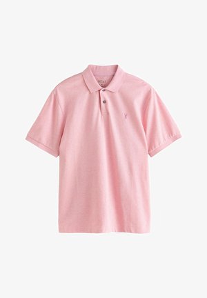 Pink polo shirt made of soft cotton, features a classic collar, two buttons, short sleeves, and a small embroidered logo on the chest.