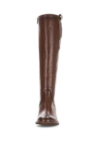 Bottes en cuir marron jusqu'au genou avec une texture lisse, un bout arrondi et de subtils accents de coutures. Comprend une boucle à l'arrière pour un enfilage facile.