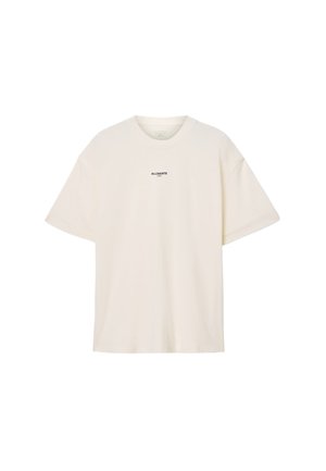 Roomkleurig T-shirt met korte mouwen, gemaakt van zacht katoen, voorzien van een ronde hals en een klein zwart logo op de borst.