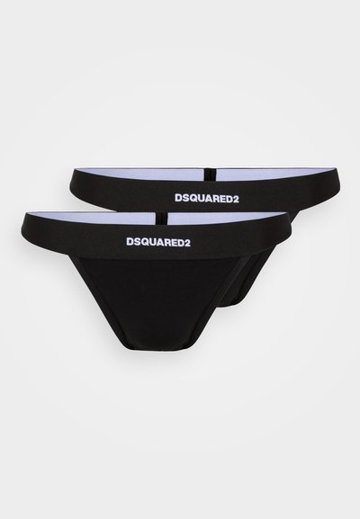Black thong underwear made of soft fabric, featuring a wide white waistband with "DSQUARED2" logo. Includes two pieces in the set.