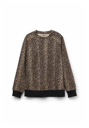 Beige en zwarte sweatshirt met luipaardprint, met een ronde halslijn en lange mouwen met zwarte manchetten. Zachte textuur, relaxte pasvorm.