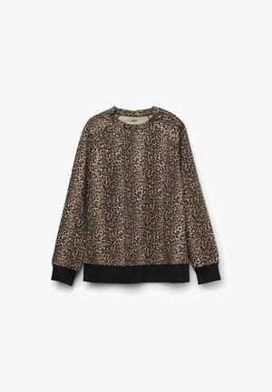 Beiger und schwarzer Sweatshirt mit Leopardenmuster, mit rundem Halsausschnitt und langen Ärmeln mit schwarzen Bündchen. Weiche Textur, lockere Passform.