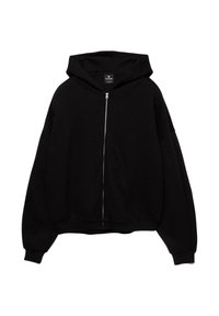Felpa nera con zip realizzata in tessuto morbido, dotata di un ampio cappuccio, spalle cadenti e orlo a costine. Design pulito senza motivi visibili.