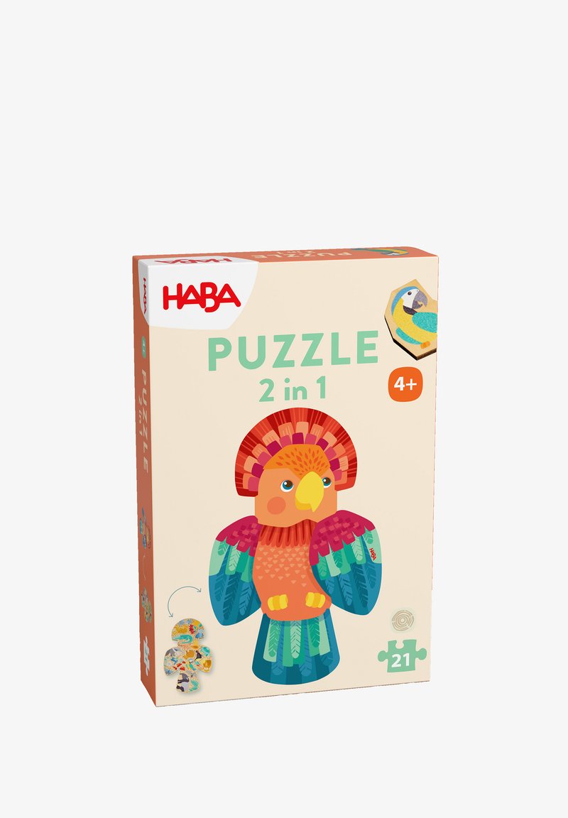 Bunte 2-in-1-Puzzle-Box mit einem Cartoon-Papagei-Design und lebhaften Federn in Rot, Blau und Grün. Enthält ein Bild von Puzzlestücken.