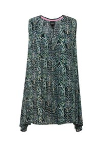 Luchtige blouse met een V-hals, gemaakt van lichtgewicht stof. Heeft een multi-kleurig abstract patroon in groen, blauw en zwart.